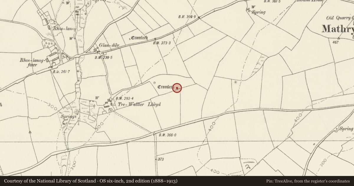 Ordnance Survey six-inch map, 2nd edition (1888–1913) covering the location of Tre-Wallter Llwyd Burial Chamber, Mathry, Pembrokeshire, with a pin at the register's coordinates