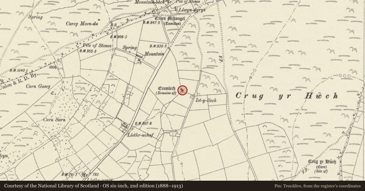 Ordnance Survey six-inch map, 2nd edition (1888–1913) covering the location of Mountain Burial Chamber, Mynachlog-Ddu, Pembrokeshire, with a pin at the register's coordinates