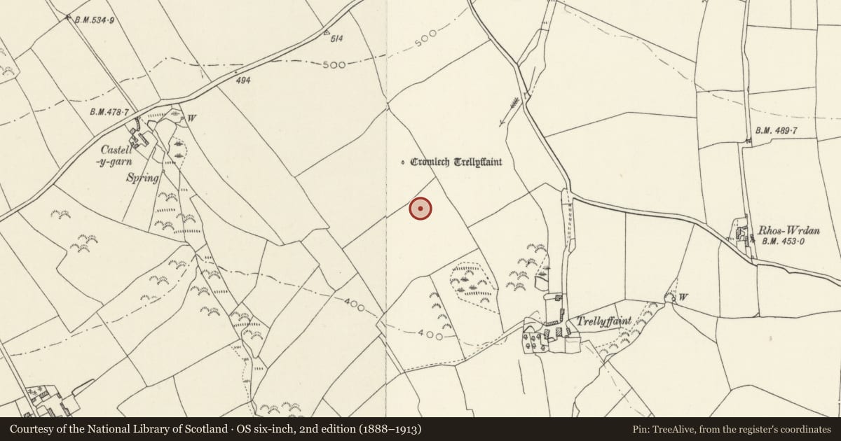 Ordnance Survey six-inch map, 2nd edition (1888–1913) covering the location of Trellyffaint Burial Chamber & Standing Stone, Nevern, Pembrokeshire, with a pin at the register's coordinates