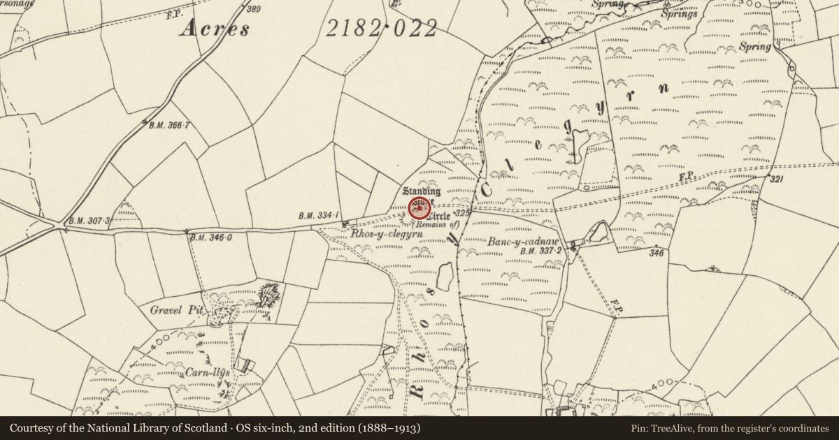 Ordnance Survey six-inch map, 2nd edition (1888–1913) covering the location of Rhos y Clegyrn Circle & Standing Stone, Pencaer, Pembrokeshire, with a pin at the register's coordinates