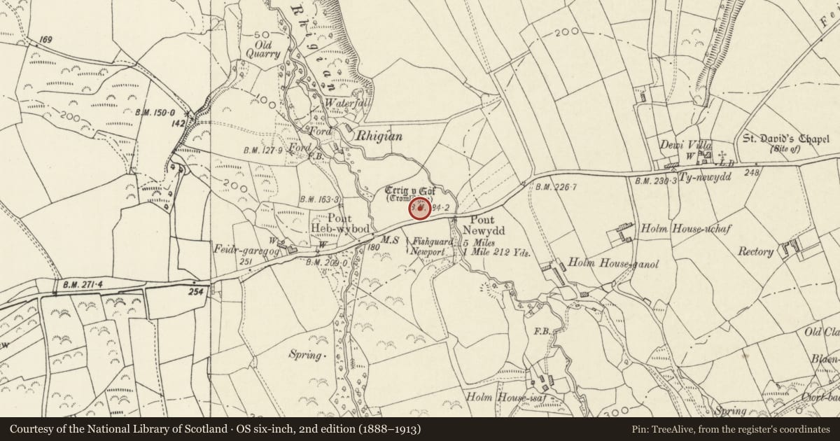 Ordnance Survey six-inch map, 2nd edition (1888–1913) covering the location of Cerig-y-Gof Burial Chamber, Newport, Pembrokeshire, with a pin at the register's coordinates
