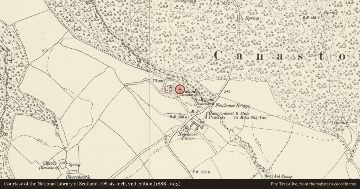 Ordnance Survey six-inch map, 2nd edition (1888–1913) covering the location of Castell Coch, Martletwy, Pembrokeshire, with a pin at the register's coordinates