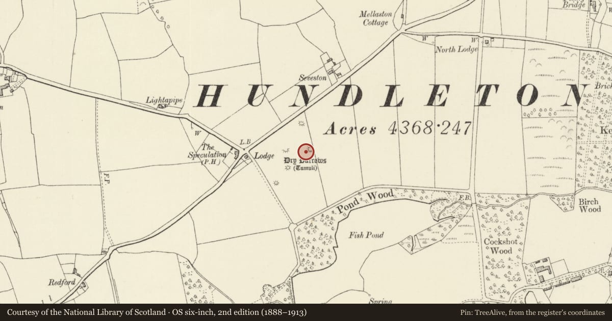 Ordnance Survey six-inch map, 2nd edition (1888–1913) covering the location of Dry Burrows Round Barrows, Hundleton, Pembrokeshire, with a pin at the register's coordinates