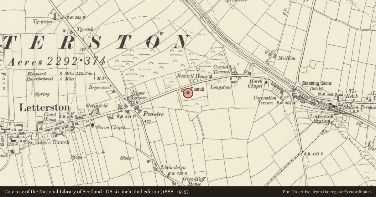 Ordnance Survey six-inch map, 2nd edition (1888–1913) covering the location of Pen-Dre Round Barrow, Letterston, Pembrokeshire, with a pin at the register's coordinates