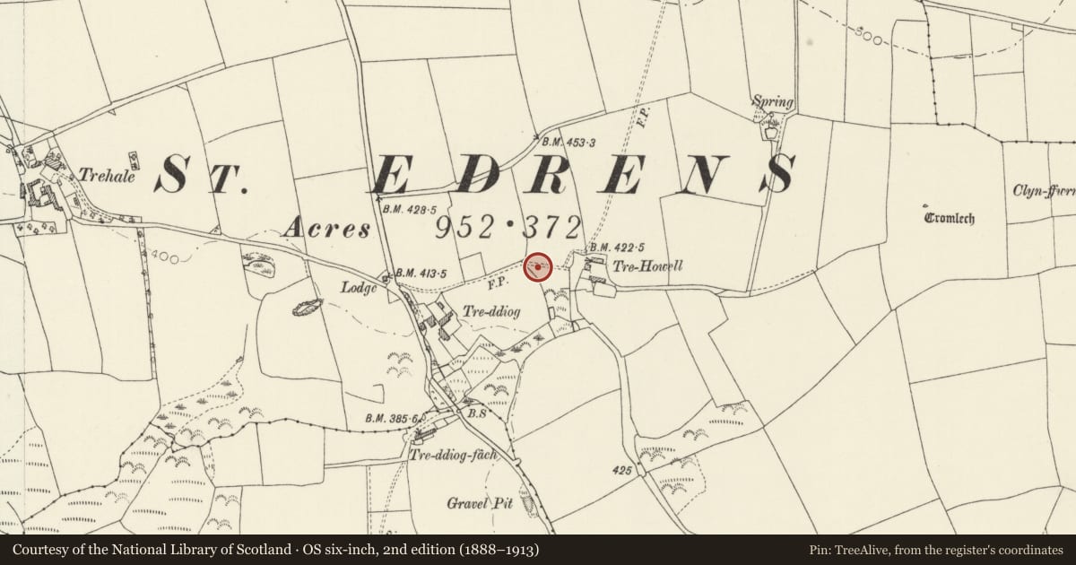 Ordnance Survey six-inch map, 2nd edition (1888–1913) covering the location of Tre-Howell Burial Chamber, Hayscastle, Pembrokeshire, with a pin at the register's coordinates