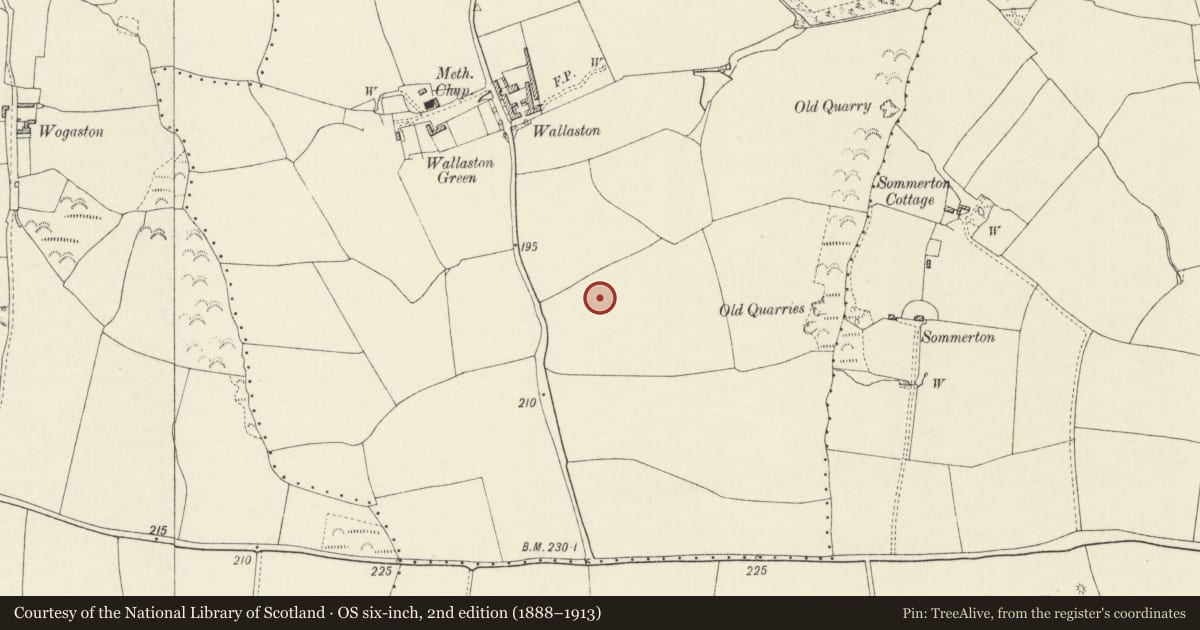 Ordnance Survey six-inch map, 2nd edition (1888–1913) covering the location of Wallaston Round Barrows, Hundleton, Pembrokeshire, with a pin at the register's coordinates
