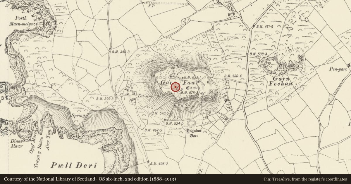 Ordnance Survey six-inch map, 2nd edition (1888–1913) covering the location of Garn Fawr Camp, Pencaer, Pembrokeshire, with a pin at the register's coordinates