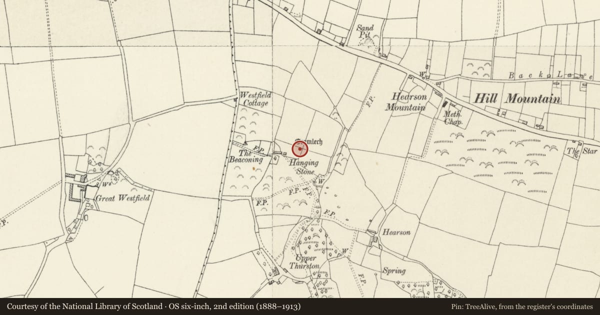 Ordnance Survey six-inch map, 2nd edition (1888–1913) covering the location of Burton Burial Chamber, Pembrokeshire, with a pin at the register's coordinates
