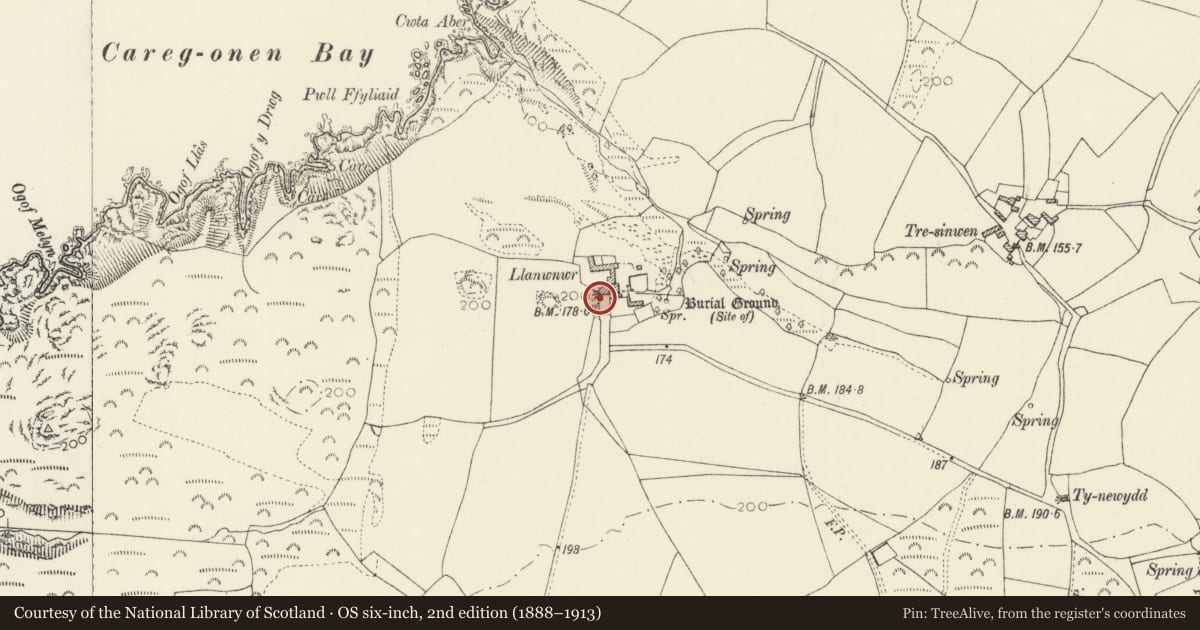 Ordnance Survey six-inch map, 2nd edition (1888–1913) covering the location of Llanwnwr Cross-Slab, Pencaer, Pembrokeshire, with a pin at the register's coordinates