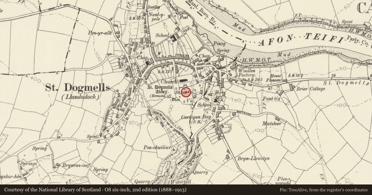 Ordnance Survey six-inch map, 2nd edition (1888–1913) covering the location of St Dogmaels Abbey, St. Dogmaels, Pembrokeshire, with a pin at the register's coordinates