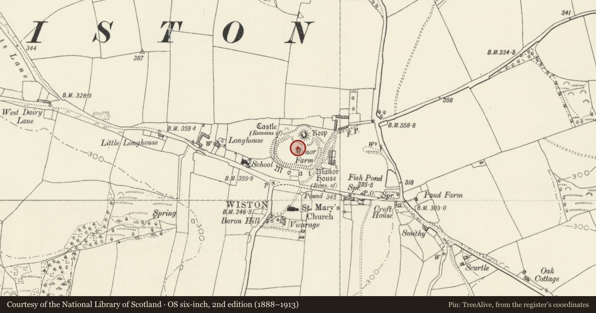Ordnance Survey six-inch map, 2nd edition (1888–1913) covering the location of Wiston Castle, Pembrokeshire, with a pin at the register's coordinates