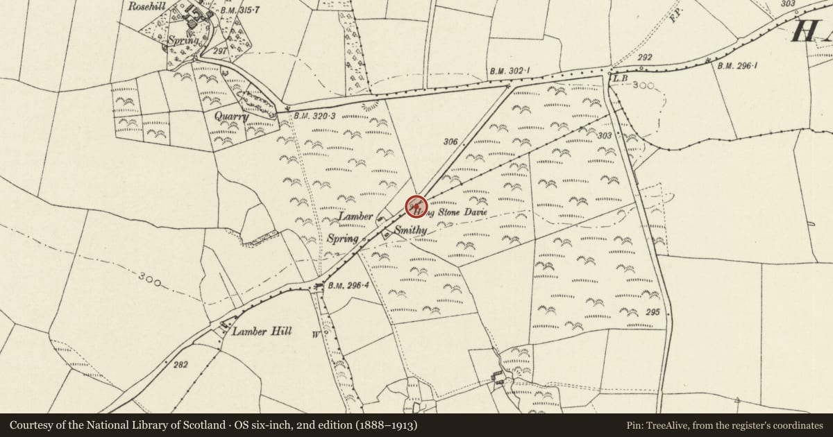Ordnance Survey six-inch map, 2nd edition (1888–1913) covering the location of Hang Stone Davey Near Lamber Smithy, The Havens, Pembrokeshire, with a pin at the register's coordinates