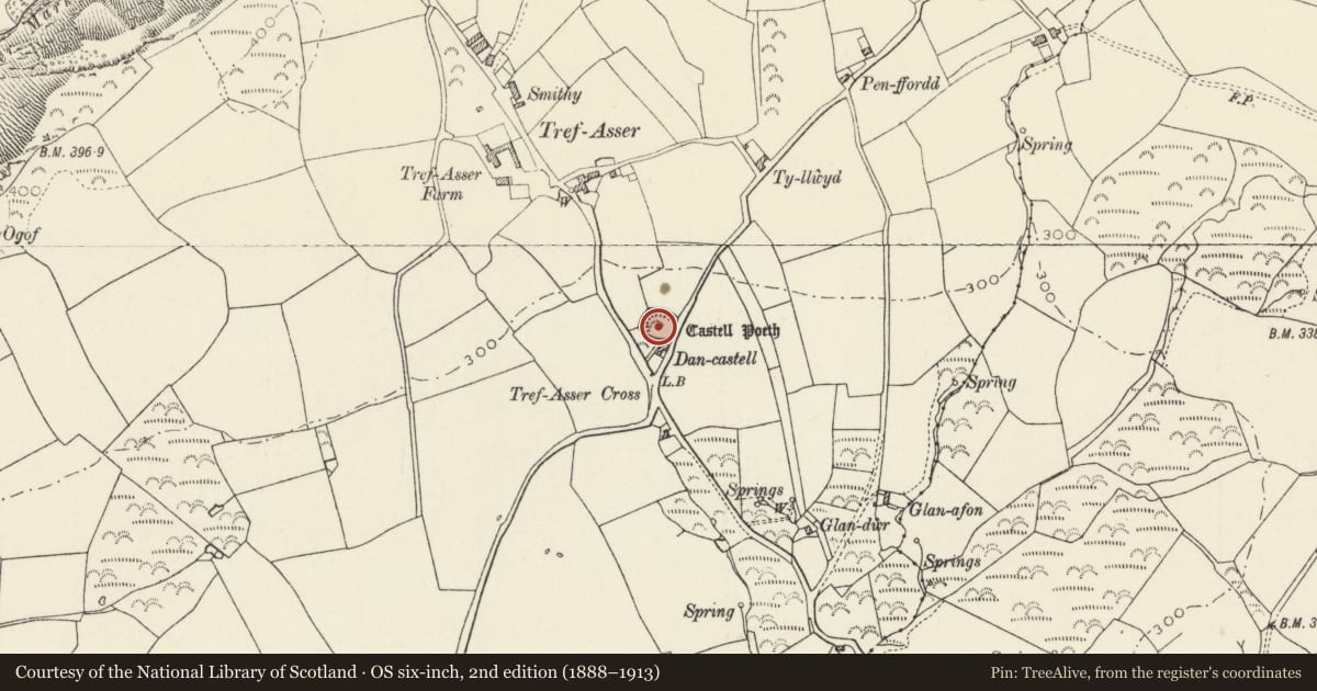 Ordnance Survey six-inch map, 2nd edition (1888–1913) covering the location of Castell Poeth, Pencaer, Pembrokeshire, with a pin at the register's coordinates