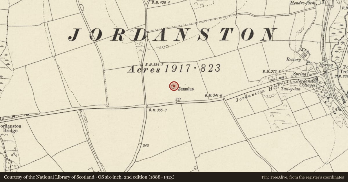 Ordnance Survey six-inch map, 2nd edition (1888–1913) covering the location of Round Barrow on Jordanson Hill, Scleddau, Pembrokeshire, with a pin at the register's coordinates