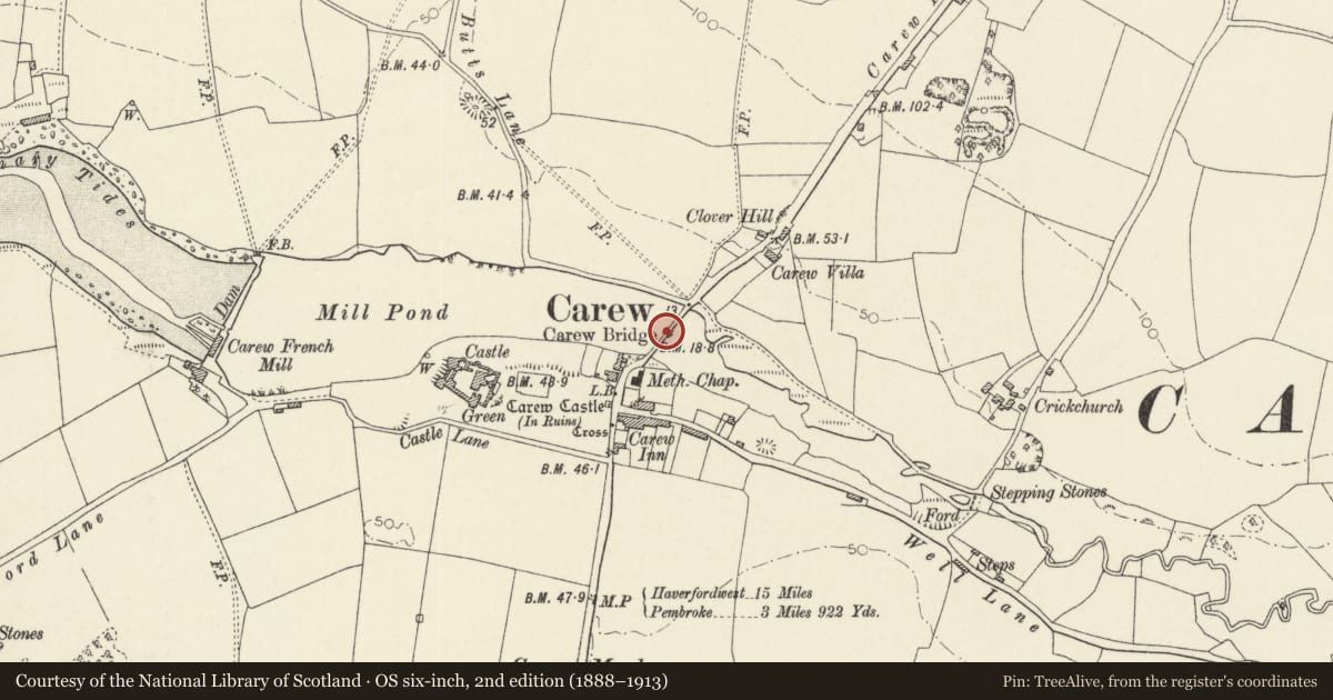 Ordnance Survey six-inch map, 2nd edition (1888–1913) covering the location of Carew Bridge, Pembrokeshire, with a pin at the register's coordinates