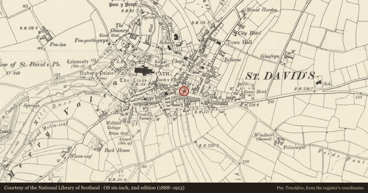 Ordnance Survey six-inch map, 2nd edition (1888–1913) covering the location of The City Cross, St. David's and the Cathedral Close, Pembrokeshire, with a pin at the register's coordinates