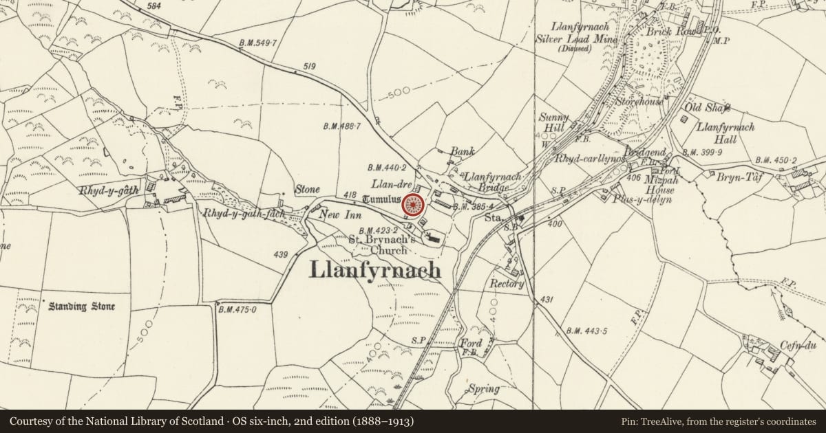 Ordnance Survey six-inch map, 2nd edition (1888–1913) covering the location of Castle Mound, Llanfyrnach, Crymych, Pembrokeshire, with a pin at the register's coordinates