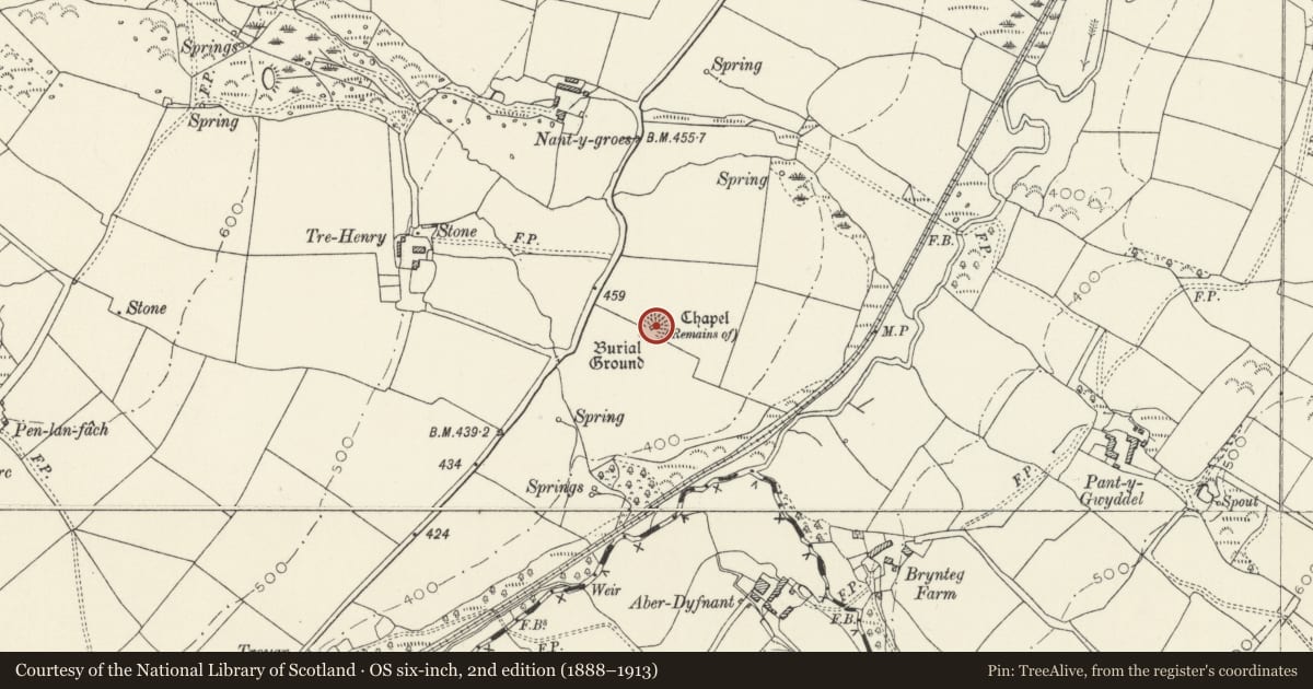 Ordnance Survey six-inch map, 2nd edition (1888–1913) covering the location of Chapel and Burial Ground near Tre-Henry, Crymych, Pembrokeshire, with a pin at the register's coordinates