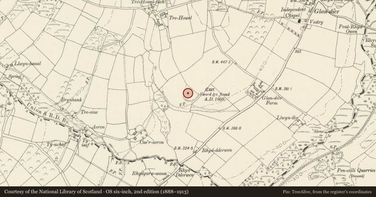 Ordnance Survey six-inch map, 2nd edition (1888–1913) covering the location of Gaer 270m W of Glan-Dwr Farm, Crymych, Pembrokeshire, with a pin at the register's coordinates