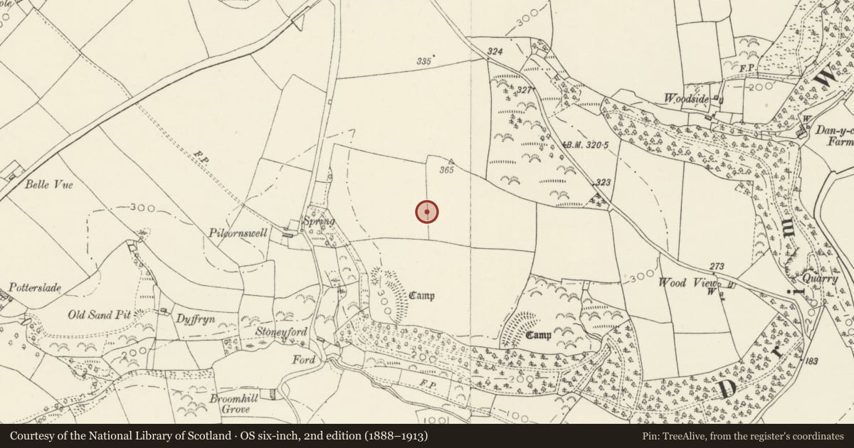 Ordnance Survey six-inch map, 2nd edition (1888–1913) covering the location of Camp 370m NE of Stoneyford, Llawhaden, Pembrokeshire, with a pin at the register's coordinates
