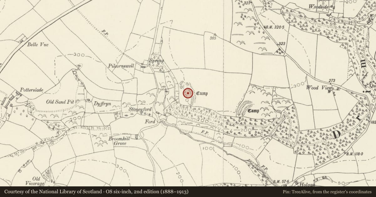 Ordnance Survey six-inch map, 2nd edition (1888–1913) covering the location of Camp 200m NE of Stoneyford, Llawhaden, Pembrokeshire, with a pin at the register's coordinates