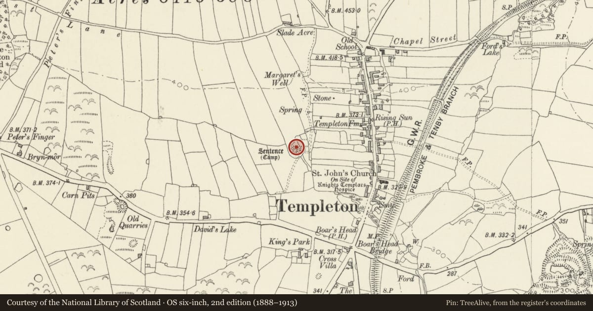 Ordnance Survey six-inch map, 2nd edition (1888–1913) covering the location of Sentence Castle Mound, Templeton, Pembrokeshire, with a pin at the register's coordinates