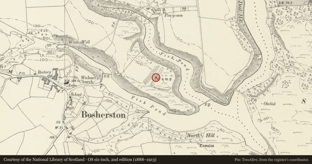 Ordnance Survey six-inch map, 2nd edition (1888–1913) covering the location of Fishpond Camp, Stackpole and Castlemartin, Pembrokeshire, with a pin at the register's coordinates
