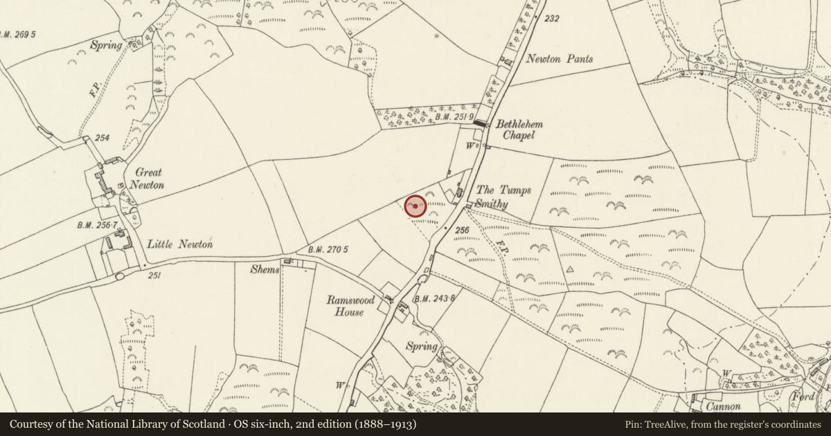 Ordnance Survey six-inch map, 2nd edition (1888–1913) covering the location of Round Barrow Pair 175m N of Ramswood House, Rudbaxton, Pembrokeshire, with a pin at the register's coordinates