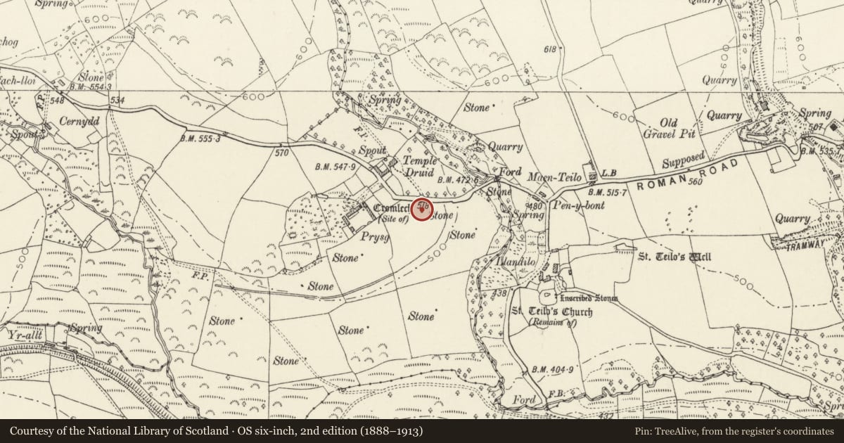 Ordnance Survey six-inch map, 2nd edition (1888–1913) covering the location of Standing Stone near Prysg Farm, Maenclochog, Pembrokeshire, with a pin at the register's coordinates