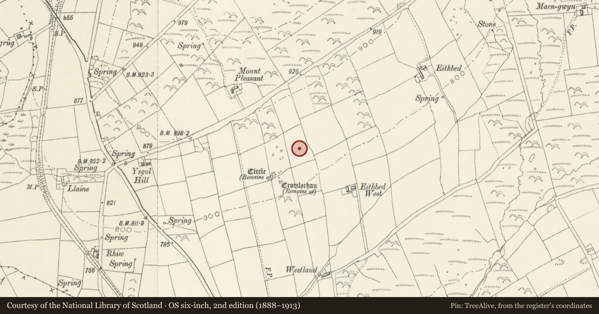 Ordnance Survey six-inch map, 2nd edition (1888–1913) covering the location of Eithbed Enclosure, Maenclochog, Pembrokeshire, with a pin at the register's coordinates