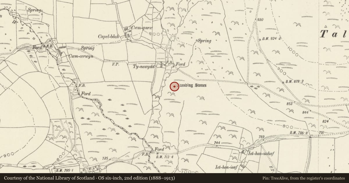 Ordnance Survey six-inch map, 2nd edition (1888–1913) covering the location of Ty-Newydd Standing Stones, Mynachlog-Ddu, Pembrokeshire, with a pin at the register's coordinates