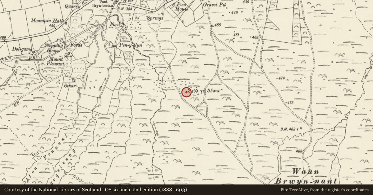 Ordnance Survey six-inch map, 2nd edition (1888–1913) covering the location of Bedd yr Afanc Burial Chamber, Eglwyswrw, Pembrokeshire, with a pin at the register's coordinates