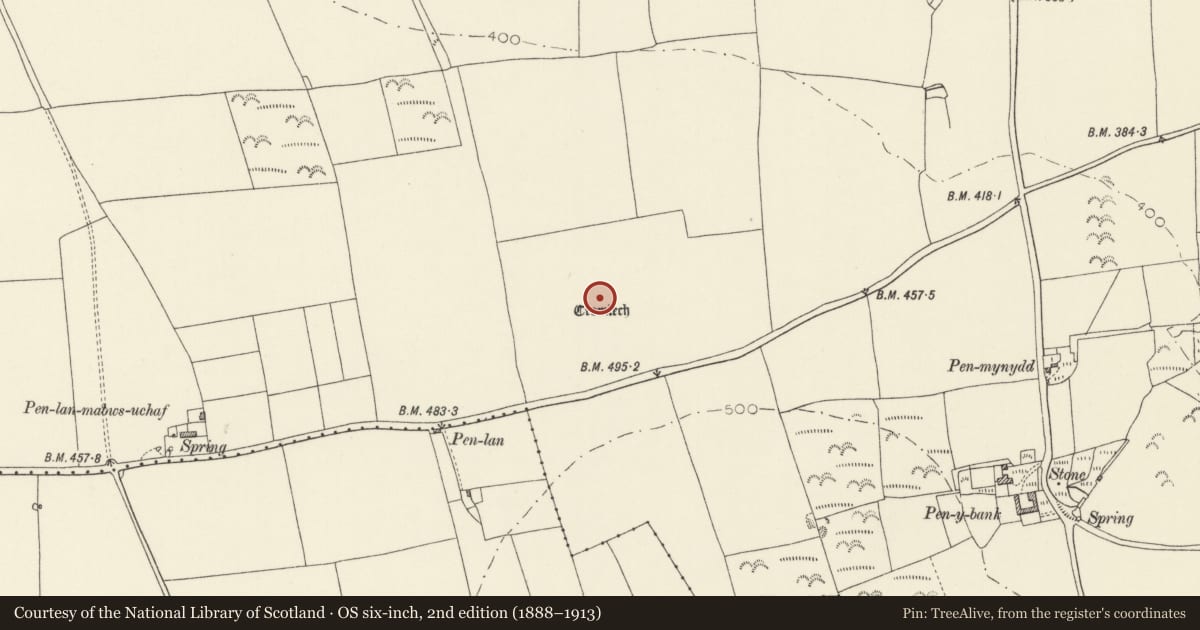 Ordnance Survey six-inch map, 2nd edition (1888–1913) covering the location of Pen-Lan-Mebws-Uchaf Burial Chamber, Mathry, Pembrokeshire, with a pin at the register's coordinates