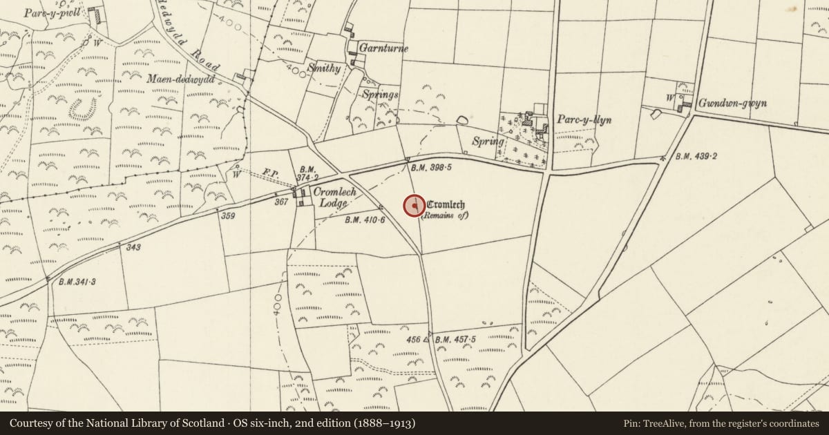 Ordnance Survey six-inch map, 2nd edition (1888–1913) covering the location of Parc-y-Llyn Burial Chamber, Ambleston, Pembrokeshire, with a pin at the register's coordinates