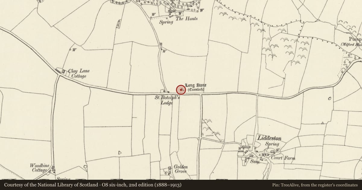 Ordnance Survey six-inch map, 2nd edition (1888–1913) covering the location of Long Stone Burial Chamber, Milford Haven, Pembrokeshire, with a pin at the register's coordinates