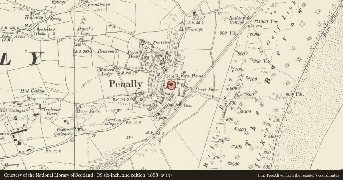Ordnance Survey six-inch map, 2nd edition (1888–1913) covering the location of Sculptured Stone Cross in Church, Penally, Pembrokeshire, with a pin at the register's coordinates