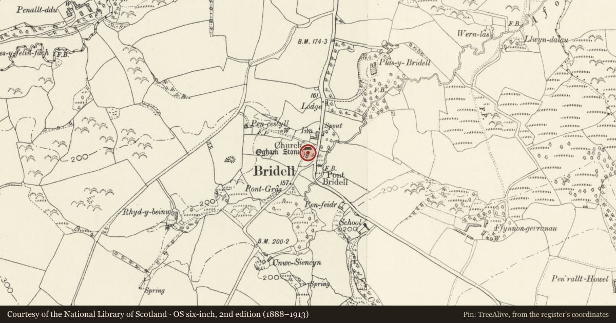 Ordnance Survey six-inch map, 2nd edition (1888–1913) covering the location of Inscribed Pillar Stone in Churchyard, Cilgerran, Pembrokeshire, with a pin at the register's coordinates