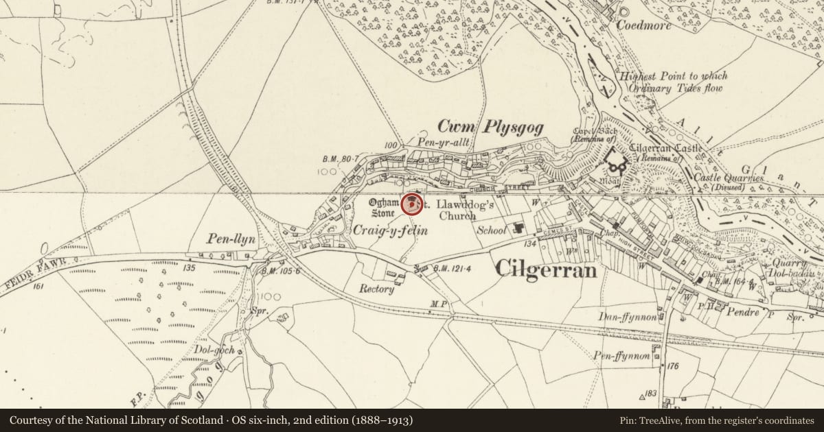 Ordnance Survey six-inch map, 2nd edition (1888–1913) covering the location of Inscribed Stone in Churchyard, Cilgerran, Pembrokeshire, with a pin at the register's coordinates