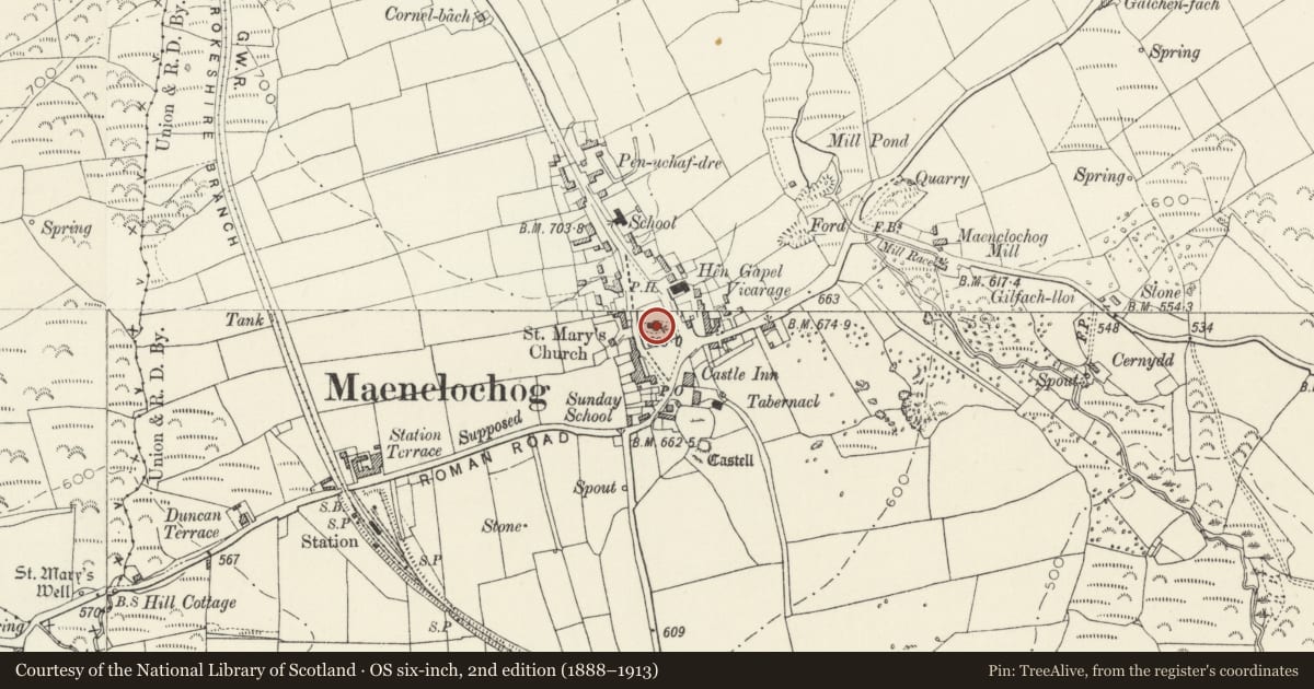 Ordnance Survey six-inch map, 2nd edition (1888–1913) covering the location of Inscribed Stones outside Ruined Church of St Teilo (now in Maenclochog Church)., Pembrokeshire, with a pin at the register's coordinates