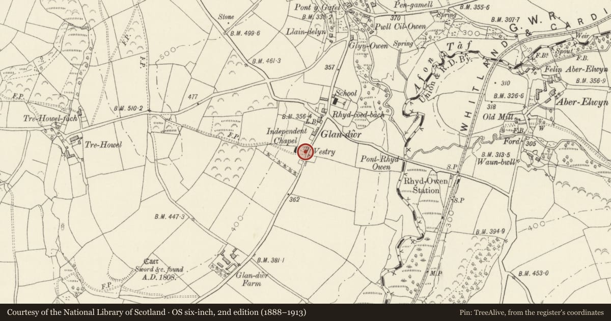 Ordnance Survey six-inch map, 2nd edition (1888–1913) covering the location of Inscribed Stone near Glan-Dwr Independent Chapel, Crymych, Pembrokeshire, with a pin at the register's coordinates