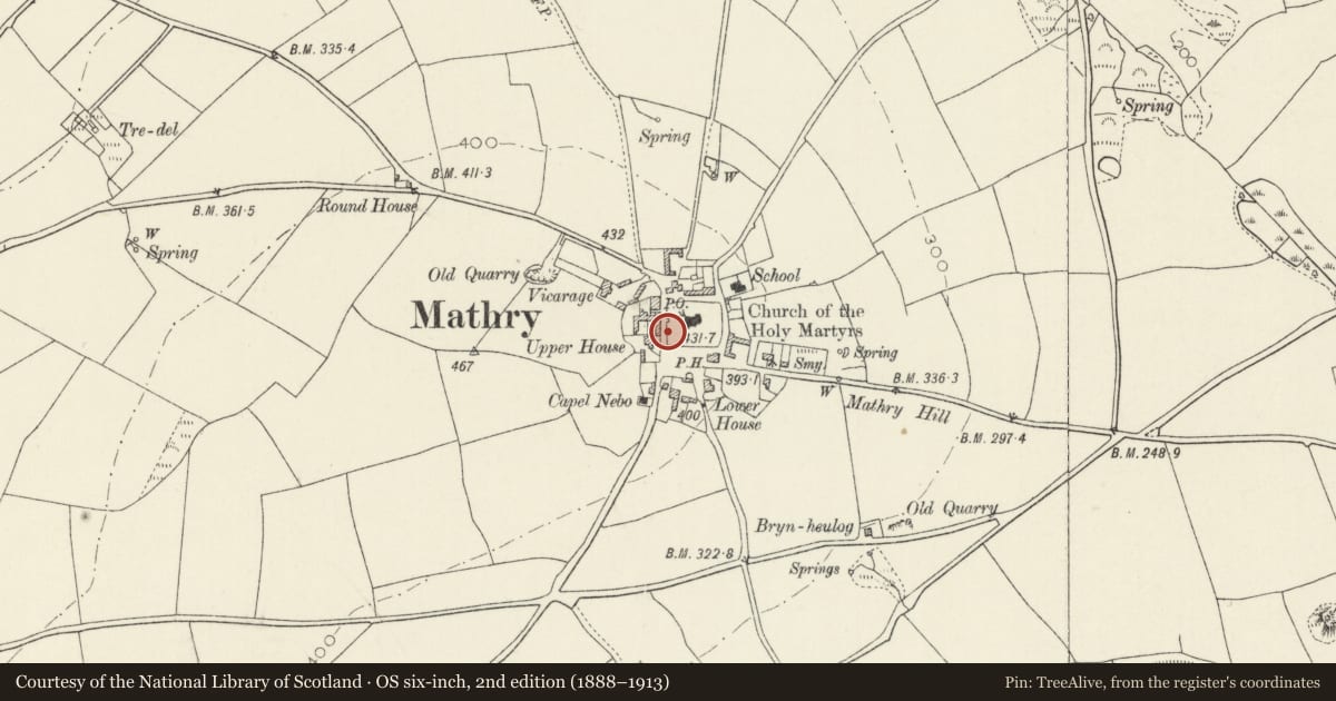 Ordnance Survey six-inch map, 2nd edition (1888–1913) covering the location of Two Pre-Norman Gravestones in Churchyard, Mathry, Pembrokeshire, with a pin at the register's coordinates