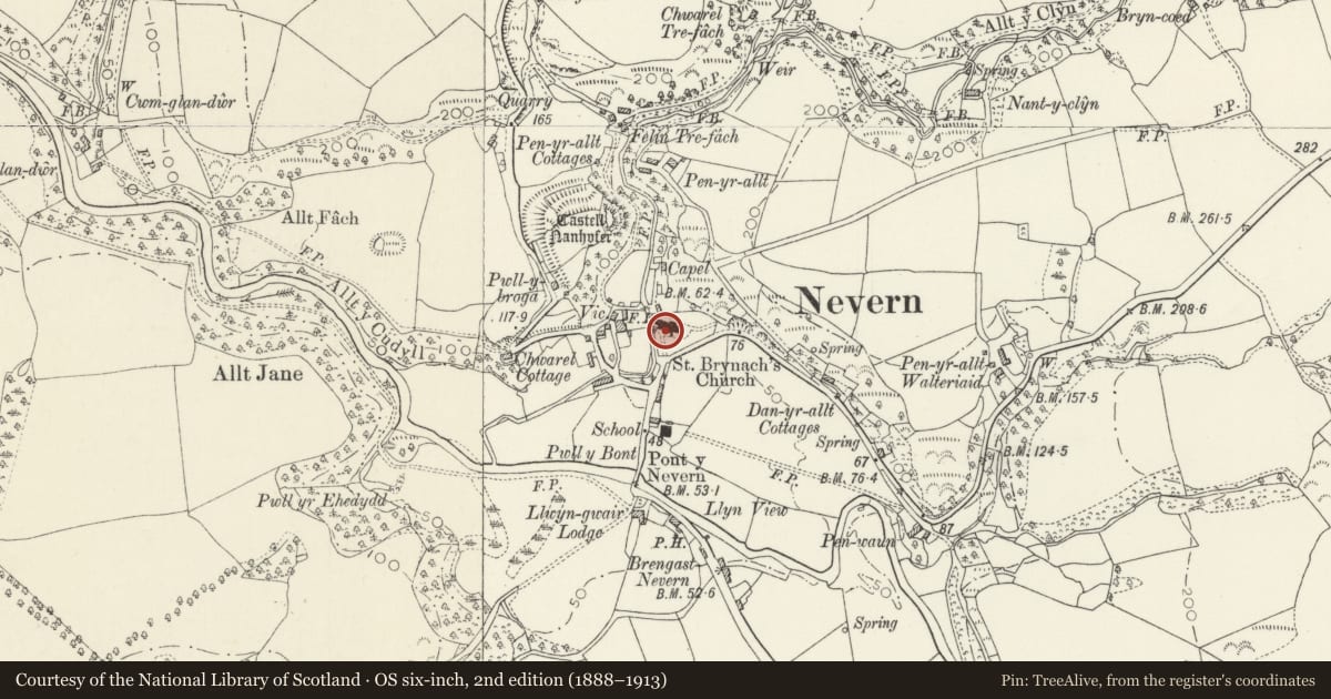 Ordnance Survey six-inch map, 2nd edition (1888–1913) covering the location of Inscribed Stone in Churchyard, Nevern, Pembrokeshire, with a pin at the register's coordinates