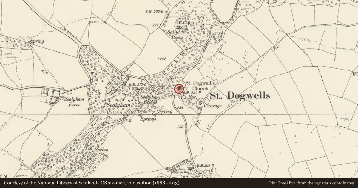 Ordnance Survey six-inch map, 2nd edition (1888–1913) covering the location of Inscribed Stone in Churchyard, Wolfscastle, Pembrokeshire, with a pin at the register's coordinates