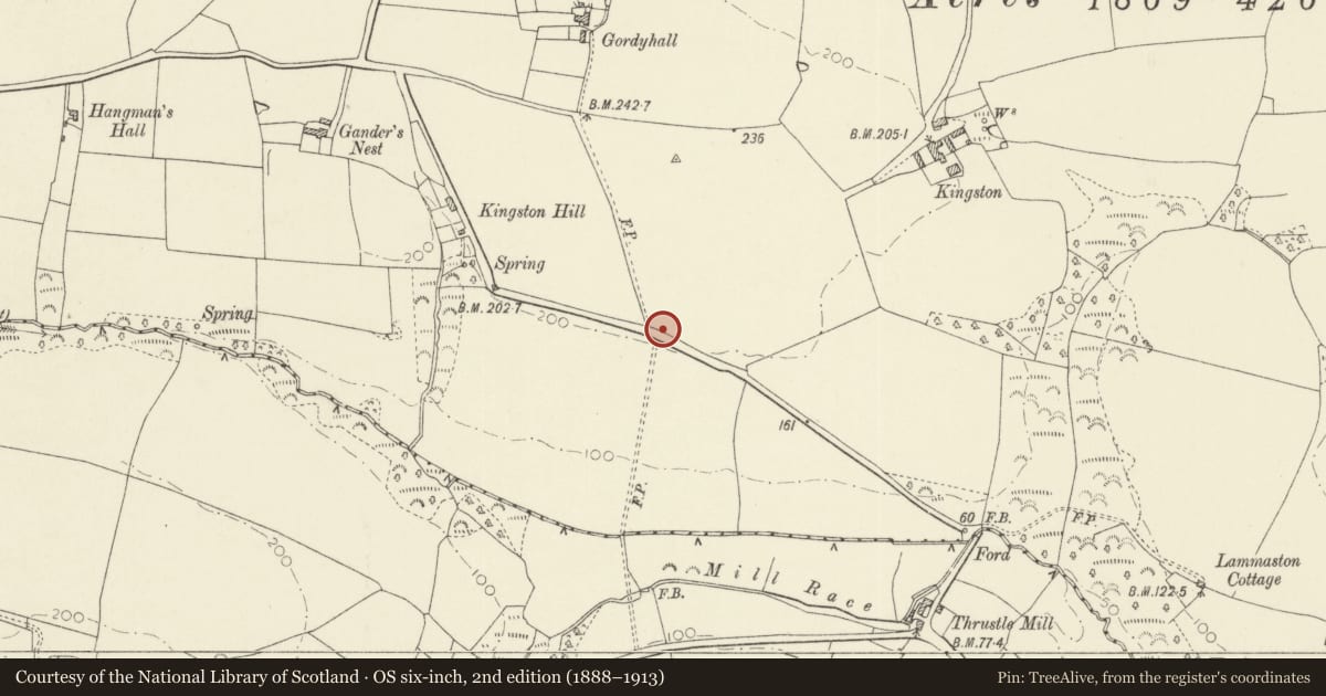 Ordnance Survey six-inch map, 2nd edition (1888–1913) covering the location of Kingston Burial Chamber, Pembroke, Pembrokeshire, with a pin at the register's coordinates