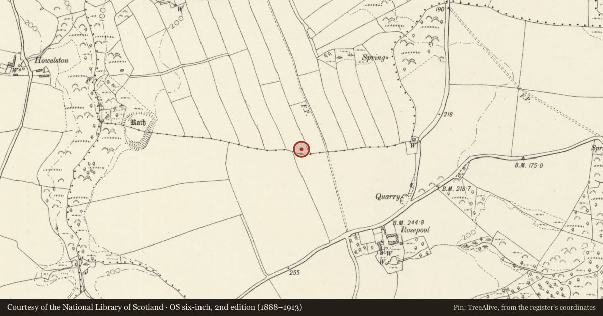 Ordnance Survey six-inch map, 2nd edition (1888–1913) covering the location of Woodland Round Barrow, The Havens, Pembrokeshire, with a pin at the register's coordinates