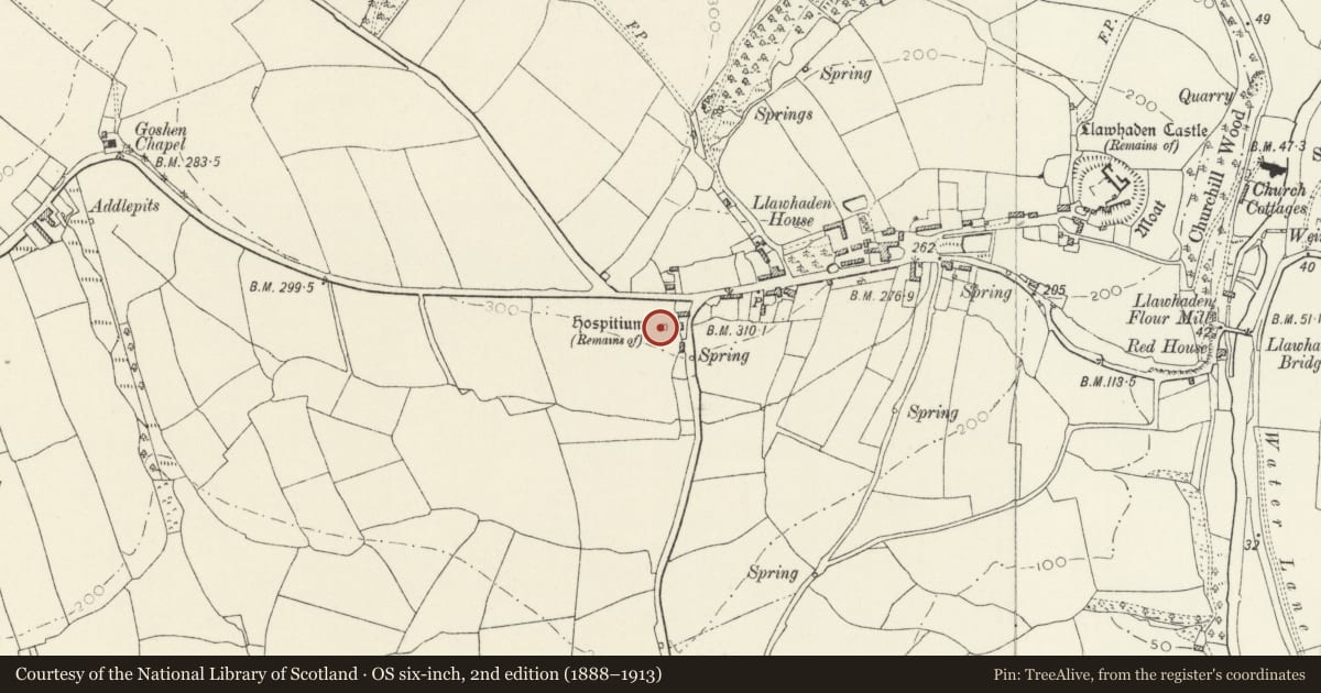 Ordnance Survey six-inch map, 2nd edition (1888–1913) covering the location of Llawhaden Hospital, Pembrokeshire, with a pin at the register's coordinates