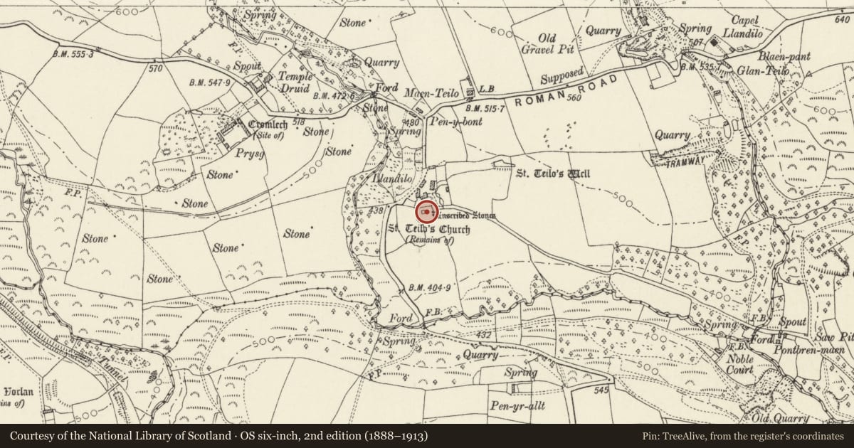 Ordnance Survey six-inch map, 2nd edition (1888–1913) covering the location of St Teilo's Church & Churchyard, Maenclochog, Pembrokeshire, with a pin at the register's coordinates
