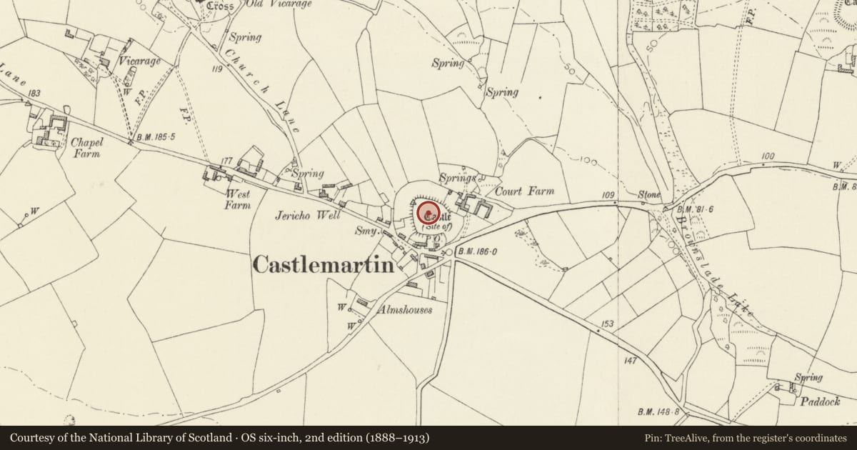 Ordnance Survey six-inch map, 2nd edition (1888–1913) covering the location of Castlemartin Castle, Pembrokeshire, with a pin at the register's coordinates