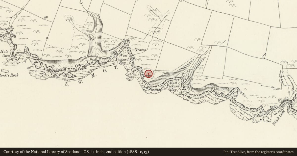 Ordnance Survey six-inch map, 2nd edition (1888–1913) covering the location of West Pickard Camp, Angle, Pembrokeshire, with a pin at the register's coordinates