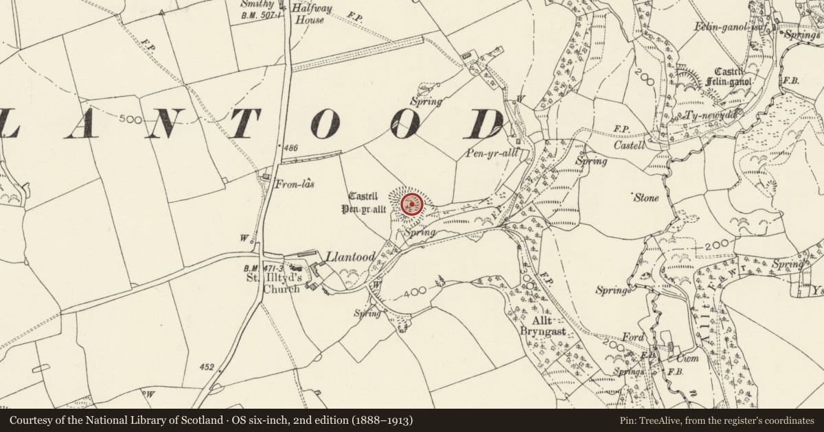 Ordnance Survey six-inch map, 2nd edition (1888–1913) covering the location of Castell Pen-yr-Allt, Cilgerran, Pembrokeshire, with a pin at the register's coordinates
